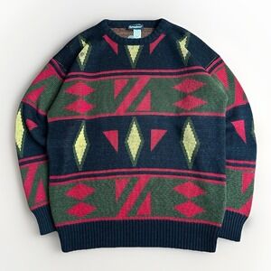 Vintage Y2K Turnabout Crew Neck Sweater Large Black Red Aztec Native USA Acrylic